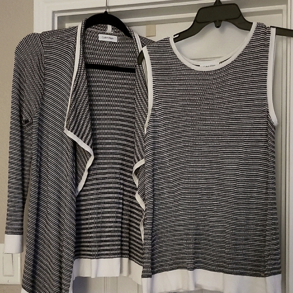 Calvin Klein Black and White Striped Cardigan and Top Set